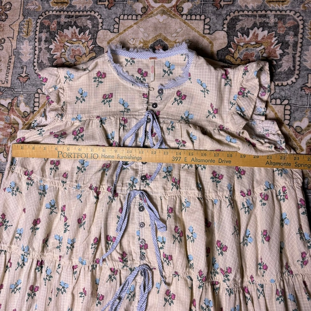 Free People Floral Cross Stitch Tiered Mini Dress Cream Boho Medium Cottage Core - Picture 9 of 16